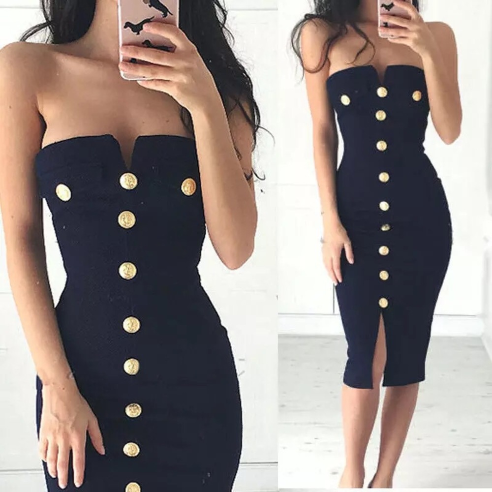 2-4 stretch gold button navy dress